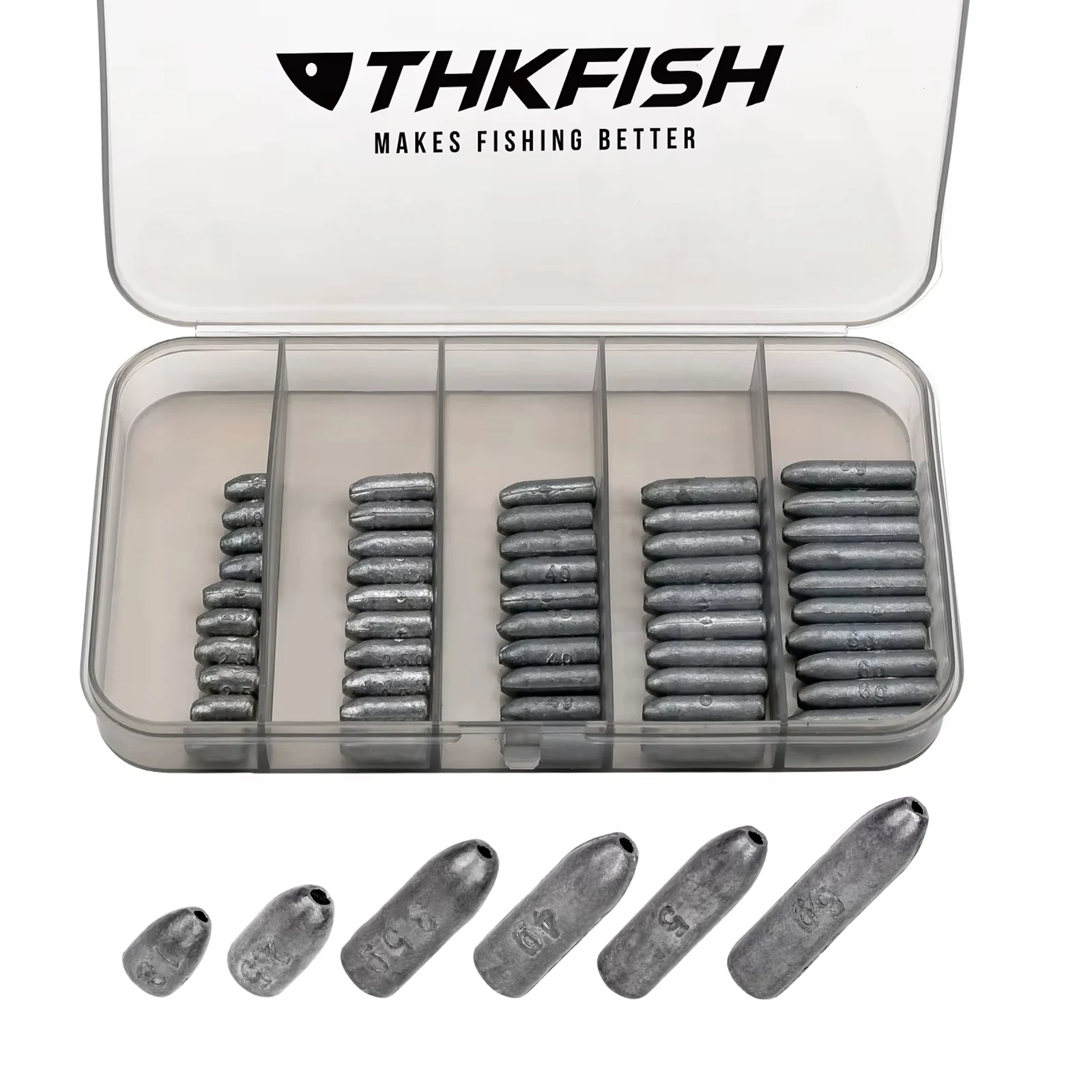 THKFISH 50pcs Bullet Lead Sinkers Kit For Texas Rigs 1.8g 2.5g 3.5g 4g 5g 6g Fishing Weights Sinker Set For Bass Trout Pike