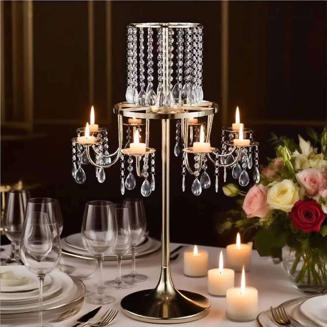 4er-Pack Goldene 8-Armige Metall-Kerzenleuchter - Kristall-Kerzenhalter Elegante Tischdekorationen für Hochzeiten, Geburtstagsfeiern, Veranstaltungen – Detail 4
