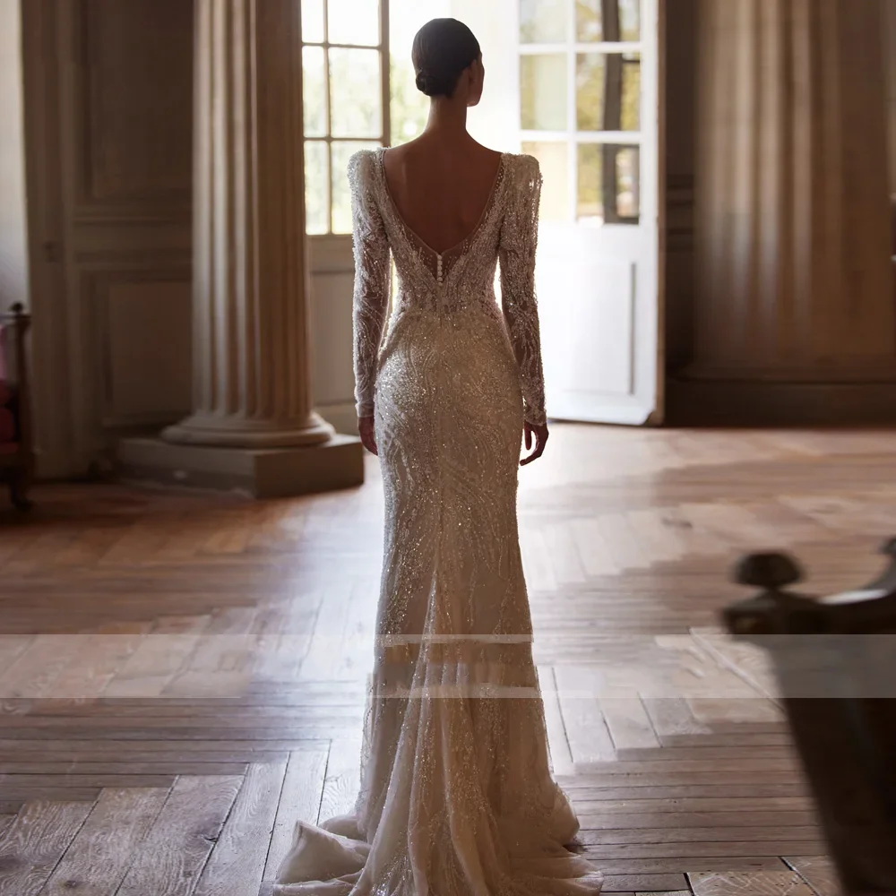 Flavinke カスタマイズされたマーメイドのウェディングドレス V ネック長袖 Vestido デ ノビア刺繍取り外し可能なトレインメイドのブライダルドレス