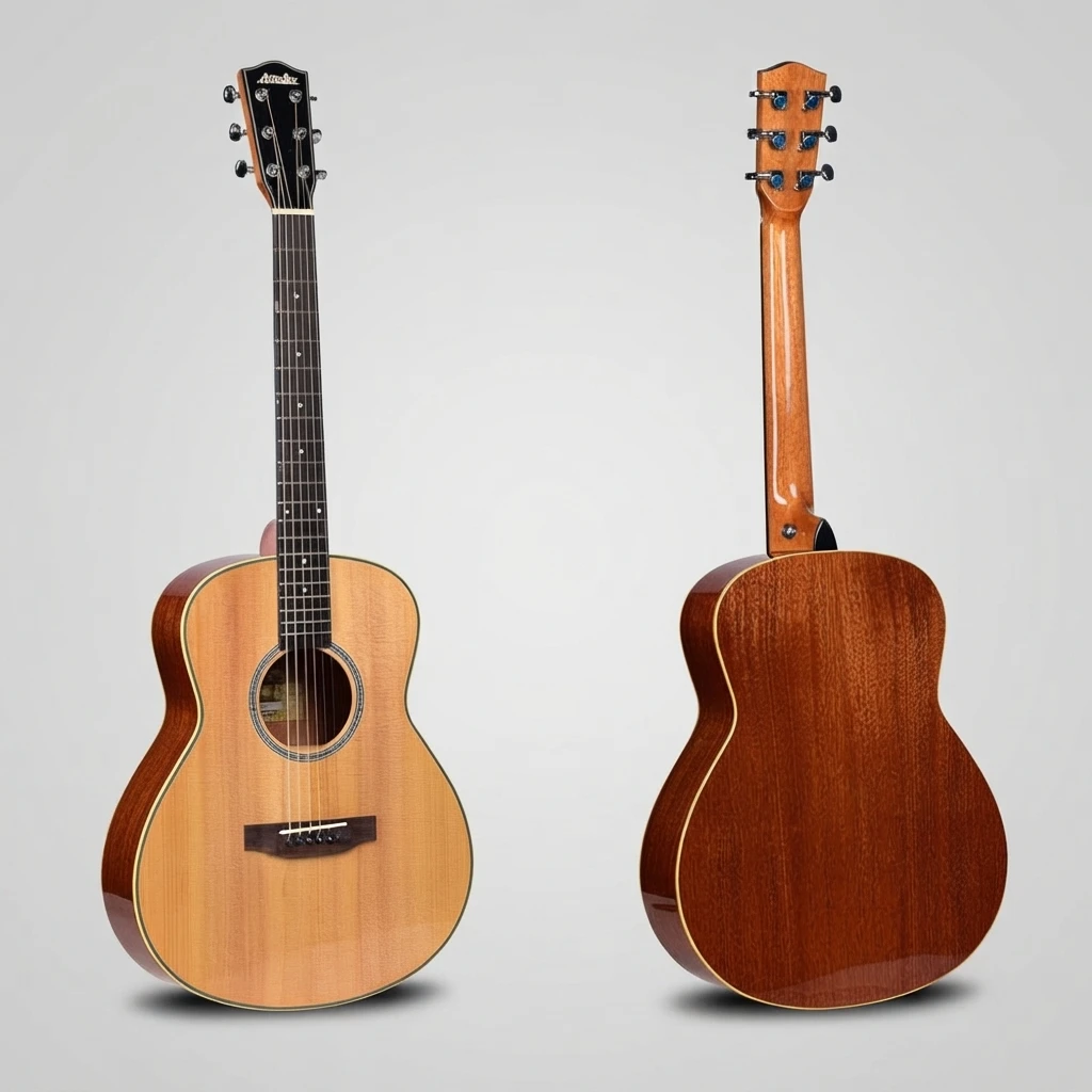 GA Round Body Acoustic Guitar Comfortable Natural Gloss Top Red-Brown Back Sides 6 Strings with Gig Bag for Beginners Practice