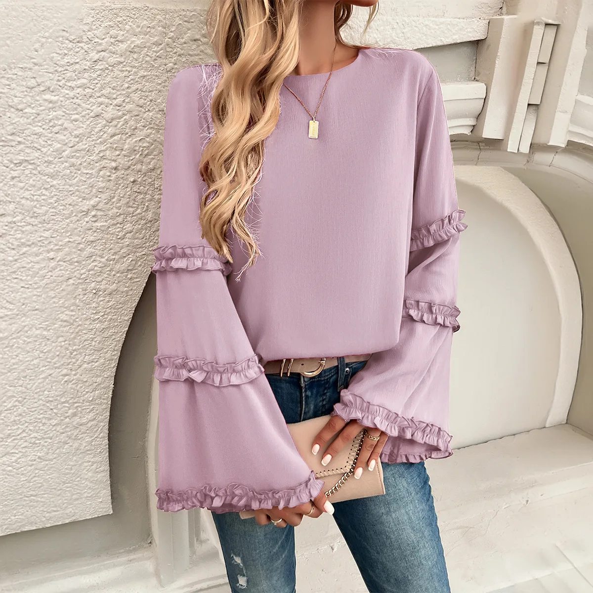 Women's Solid Color Loose Trumpet Long Sleeved Top with Elegant Temperament Socialite Autumn 2024