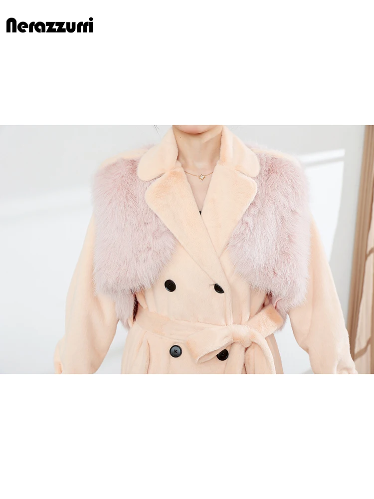 Nerazzurri Autumn Winter Long Pink Soft Fluffy Faux Fur Coat Women with Detachable Fake Fox Fur Vest Luxury Designer Clothes