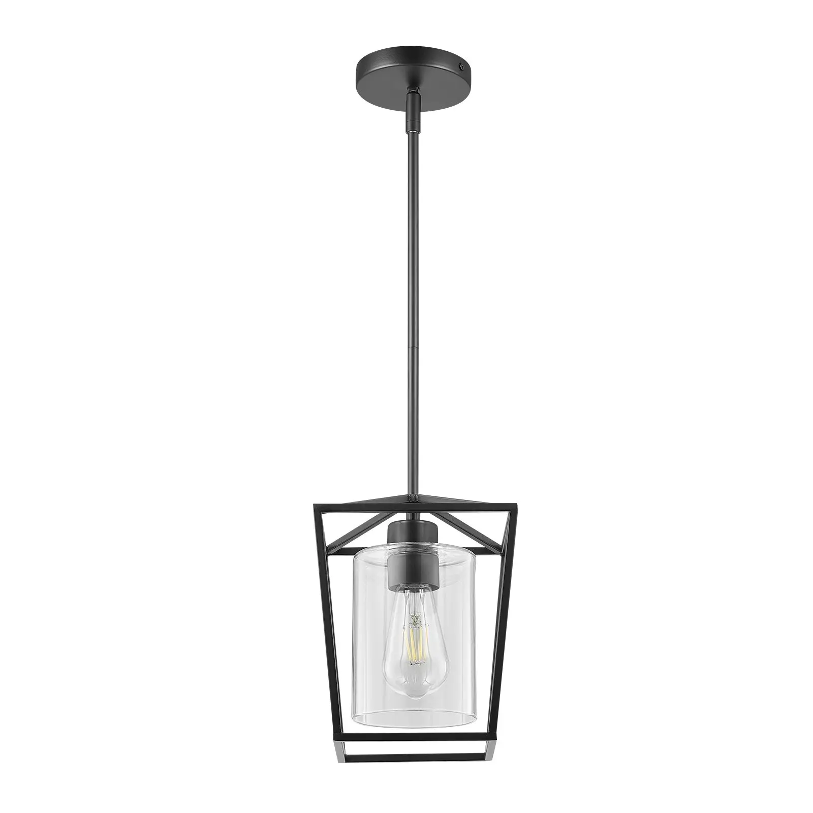 1-Light Black Pendant, 1 Pack, Farmhouse Iron Cage Metal with Clear Glass Shade, Adjustable Height Hanging Ceiling for Bedroom