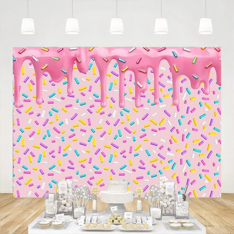 

Pink Girl Donut Grow Up Backdrop Drip Cream Colorful Confetti Background Birthday Wedding Baby Showe Party Decoration Banner