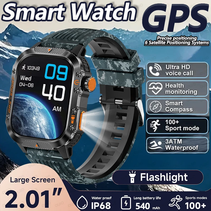 

Смарт-часы с GPS-фонариком, 2,01-дюймовый HD AMOLED-экран, 3 атм, водонепроницаемый голосовой помощник, барометр, компас, умные часы с пульсометром