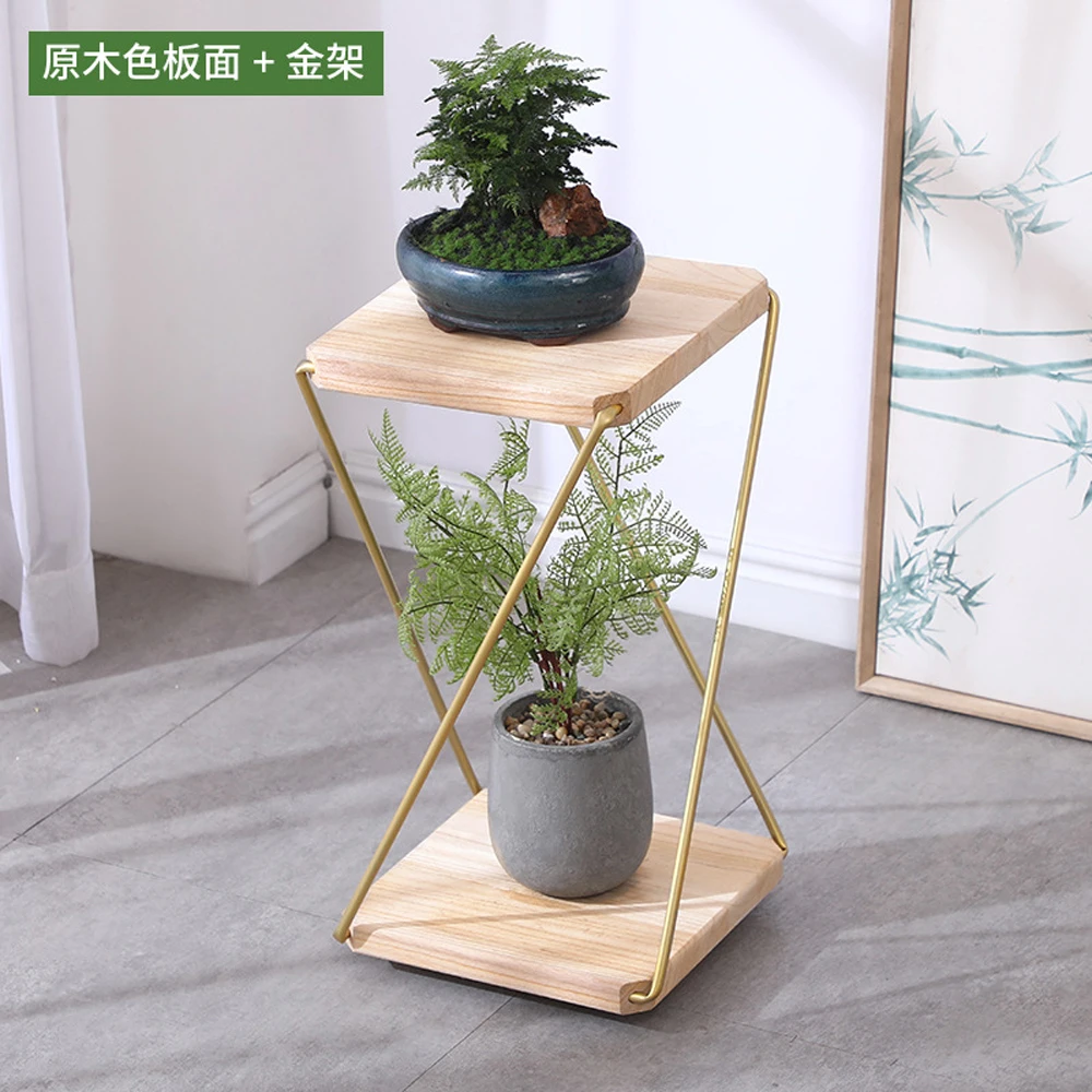 Iron Flower Rack, Wooden Shelf, Balcony, Minimalist Floor Standing Plant Rack, Indoor Living Room, Double Layer Succulent Potted