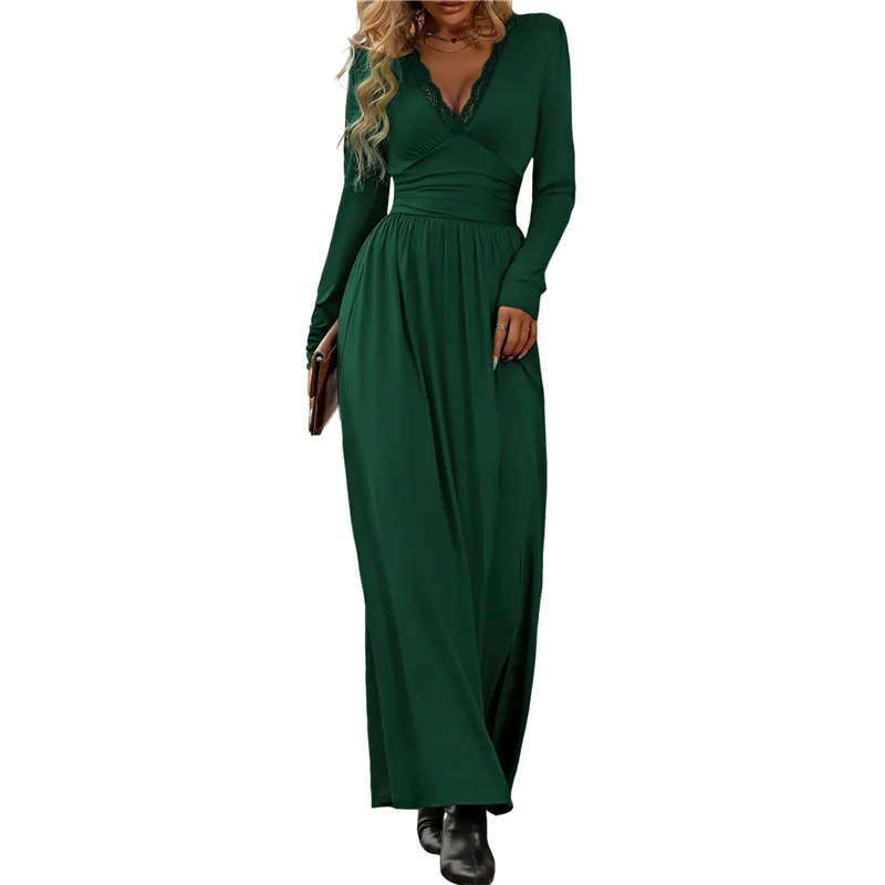 【SEE】 Abito lungo da donna con scollo a V profondo e maniche lunghe con spacco, autunno 2025, elegante, formale, per matrimonio, sera, data, ballo di fine anno