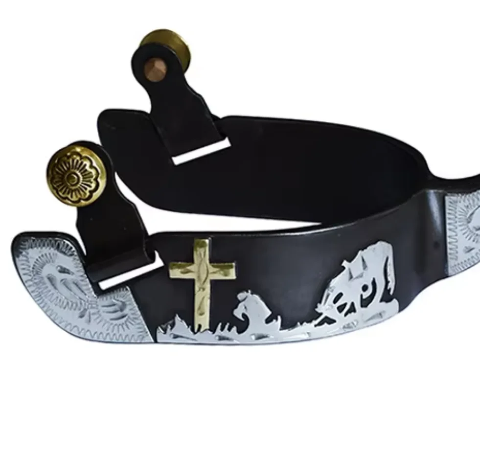 Iron Hair Black American Denim Spur Inlaid with White Copper Decorative Plate Hand-carved [SP5122]