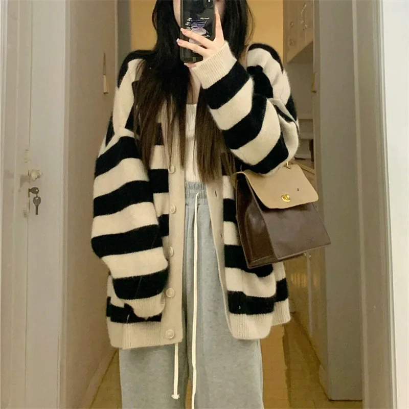 Cardigan Women Striped Knit Sweater Coat Splice Full Sleeve Single Breasted Casual Jumpers Elegant Thick Coats Regular