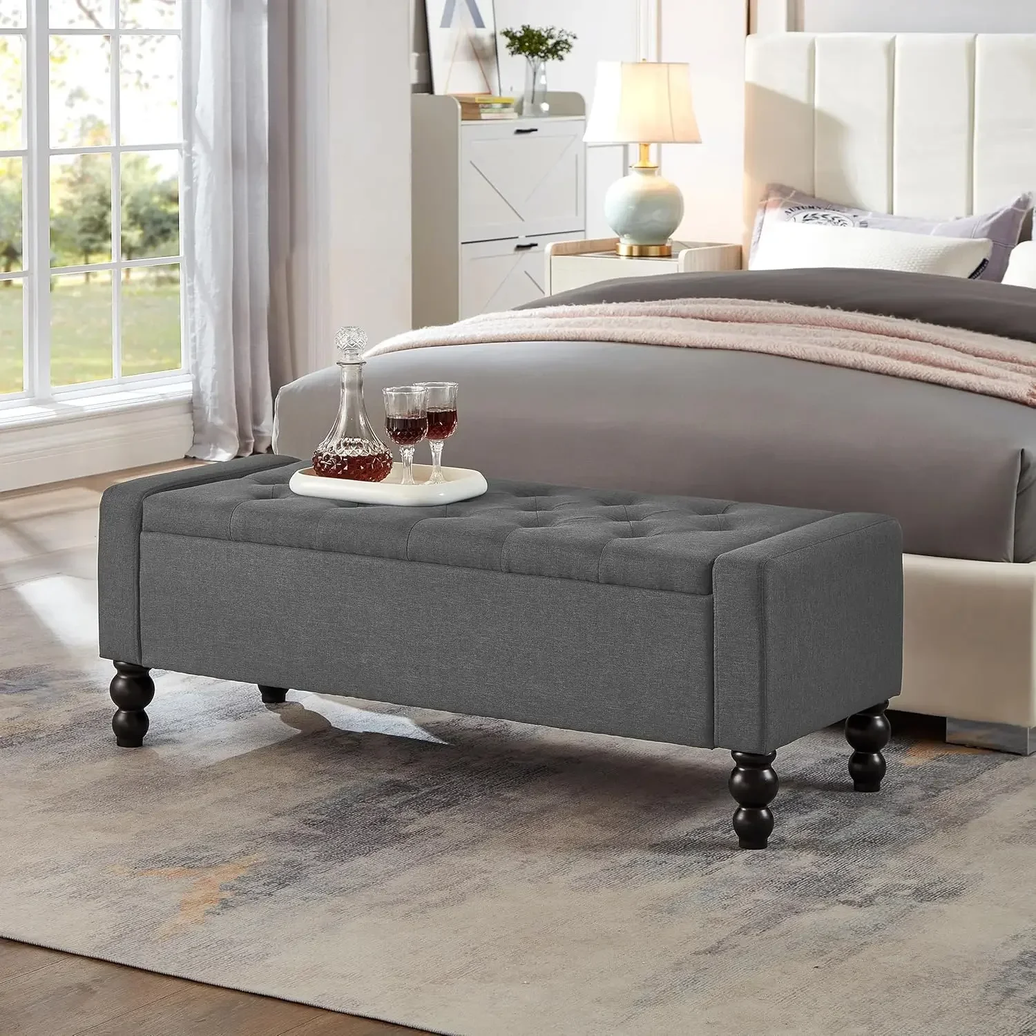 Dark Gray Tufted Upholstered Storage Ottoman Bench Safety Hinge 660Lb Weight Capacity For Living Room Bedroom Entryway