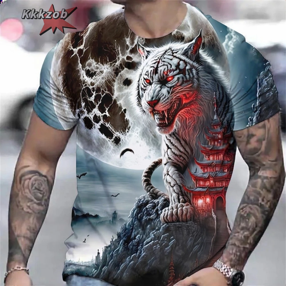 Men's Shirts Fierce Tiger Print T-Shirt 3D Animal Summer Short Sleeved Male Oversized T-Shirts Casual Tops Tees Men Clothing