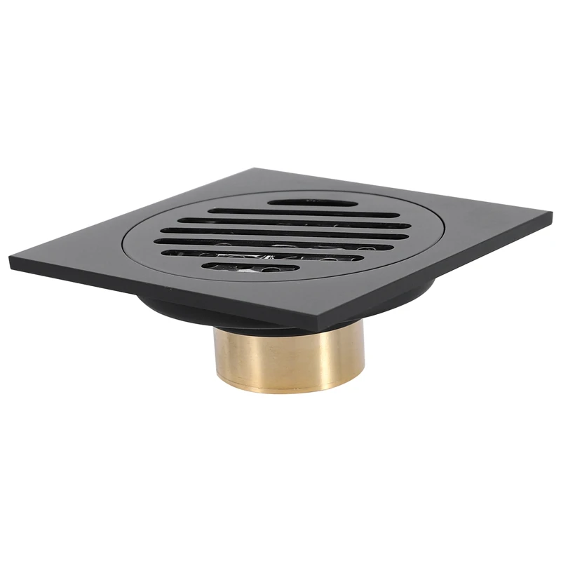 4 Inch Square Shower Drain With Removable Cover Grate, Brass Anti Clogging And Odor Point Floor Drain Assembly With Hair Catcher