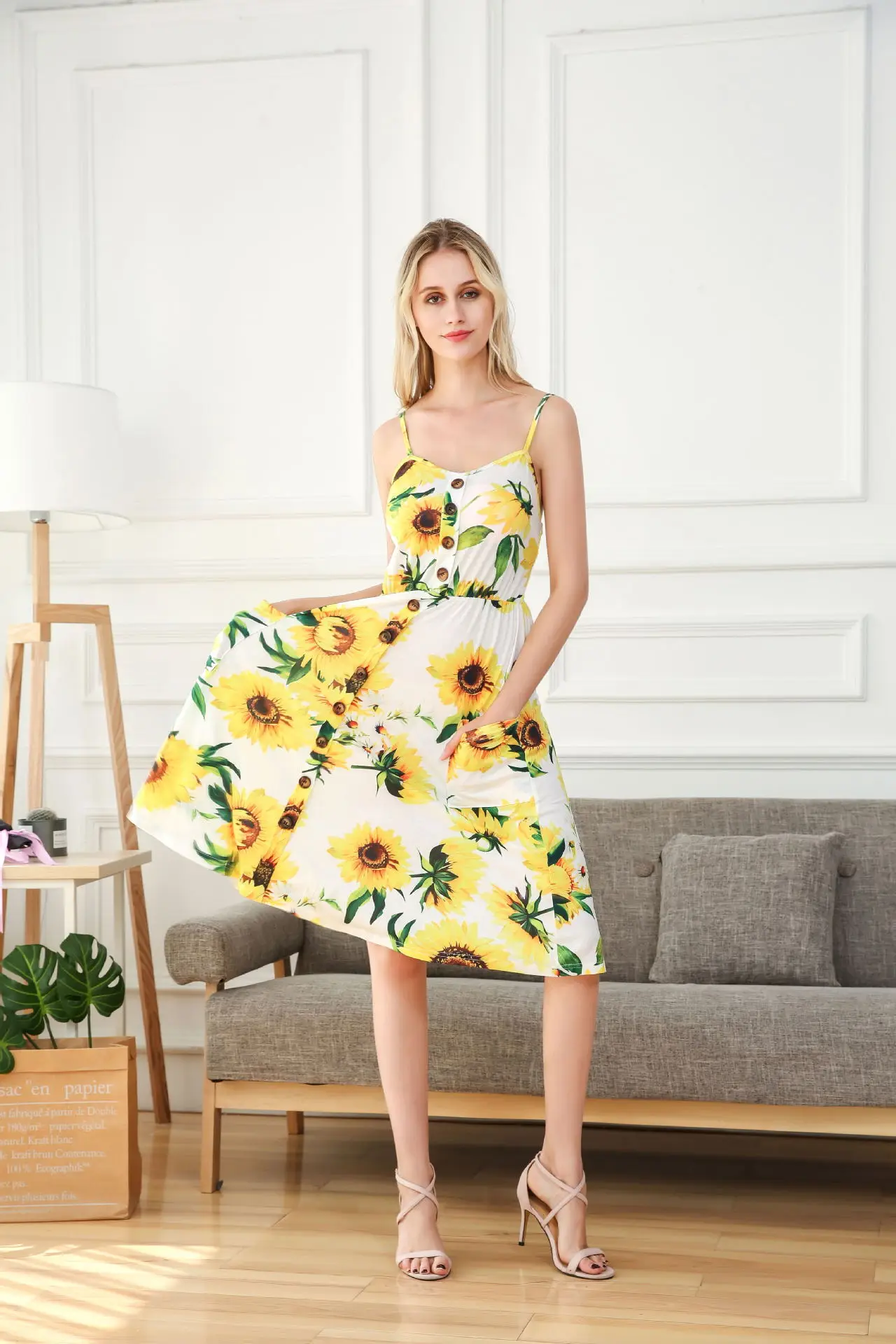 JHJN Abbigliamento estivo da donna Stampa Spend One's Holiday Seaside Beach Elasticità Bretelle Stampa floreale Abito senza schienale