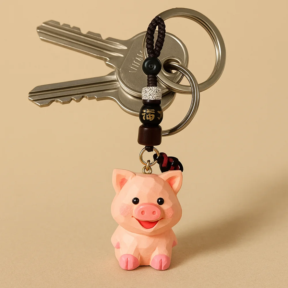 

Creative Flower Wooden Pig Keychain Beads Bag Hanging Carved Pig Dolls Pendant Ornaments Weave Rope Car Keyring Girl/Boy