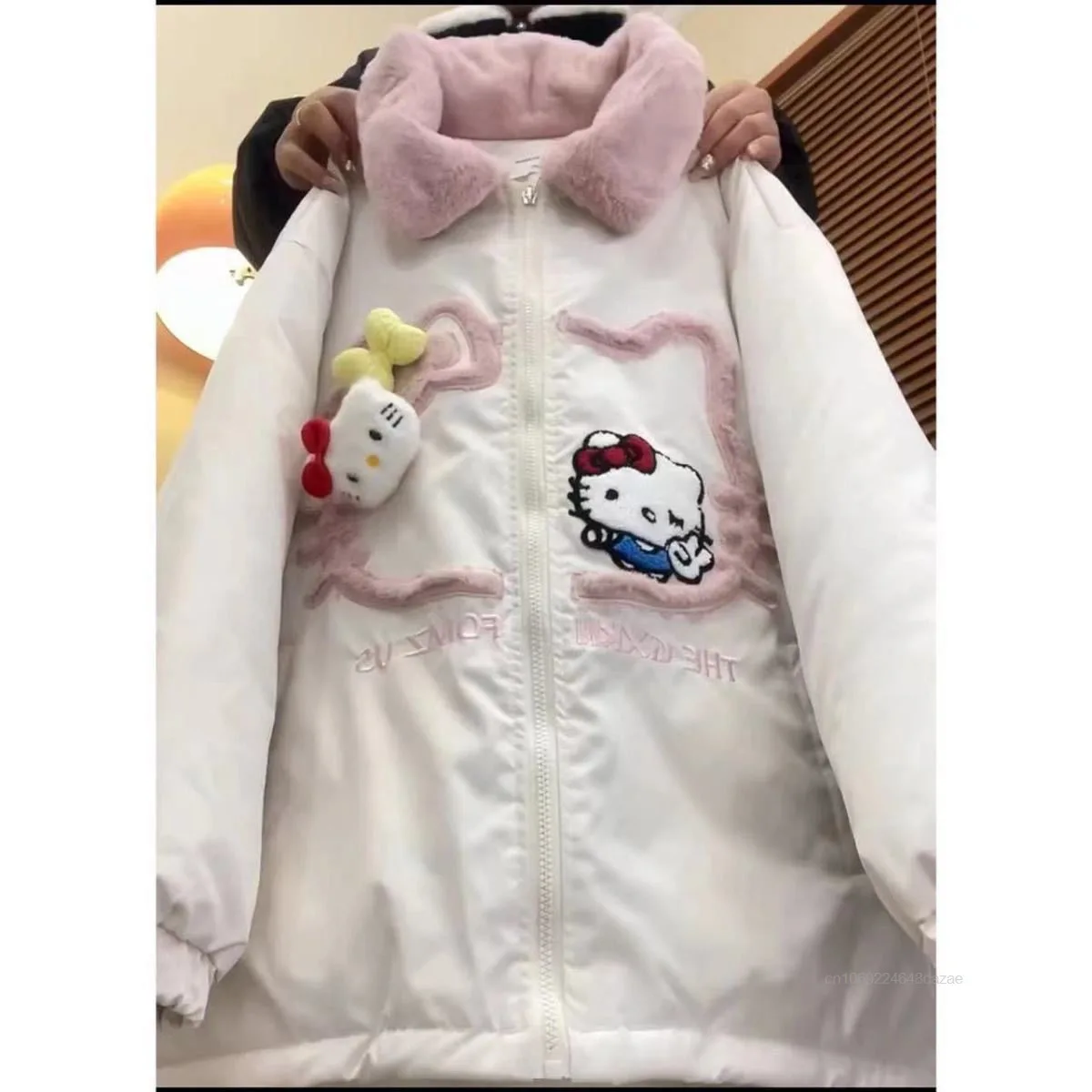 Sanrio Hello Kitty Winter Female Cotton Coat Japanese Style Simple Sweet Thick Warm Cotton Jacket Y2k Girl Versatile Zipper Coat