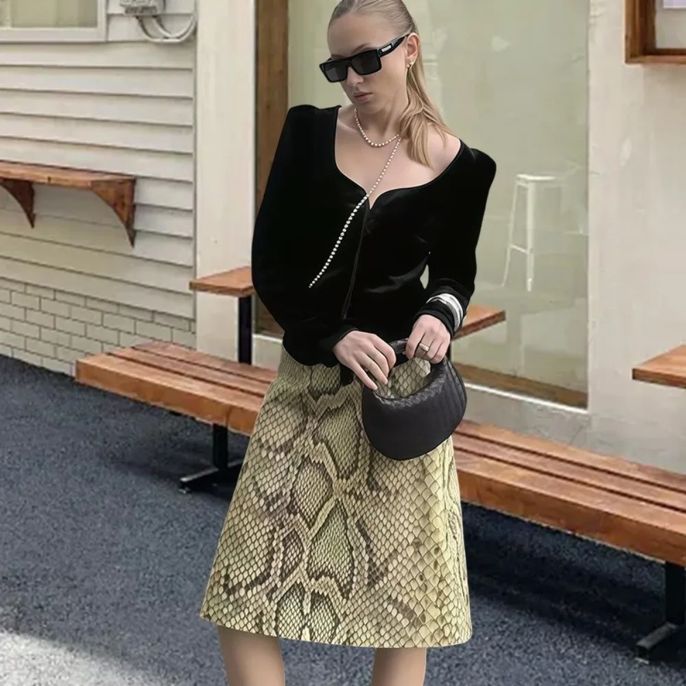 Slim Fit Leopard Straight Skirt Midi Length Serpentine Print High Waist Half Dress Summer Contrast Patchwork Women Long Skirt