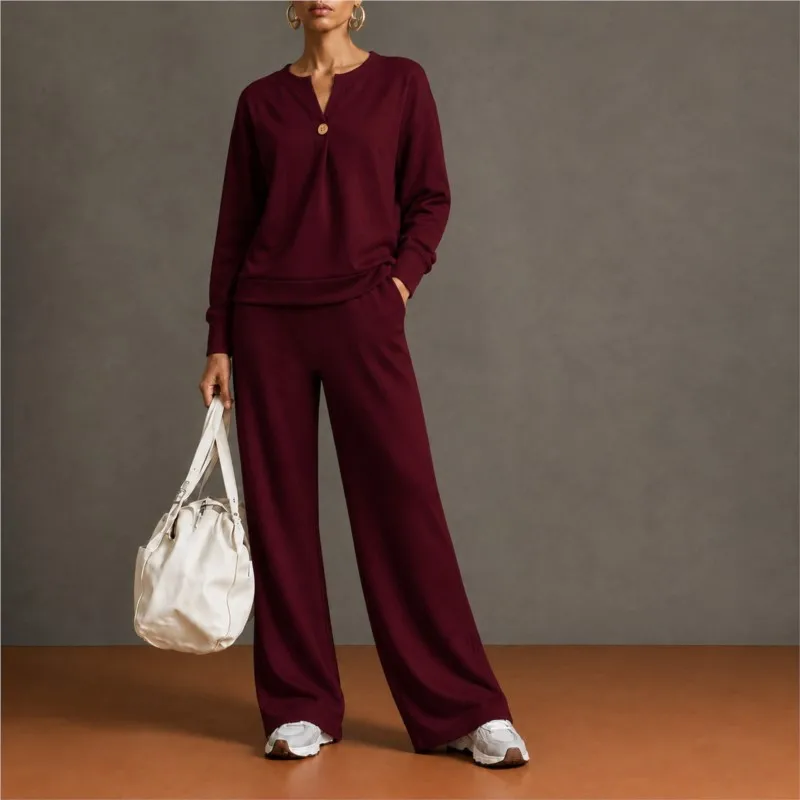 Conjunto de dos piezas de sudadera holgada de color liso para mujer, ideal para otoño e invierno, con cuello en V, manga larga y pantalones de pierna ancha, perfecto para un look casual de vacaciones.