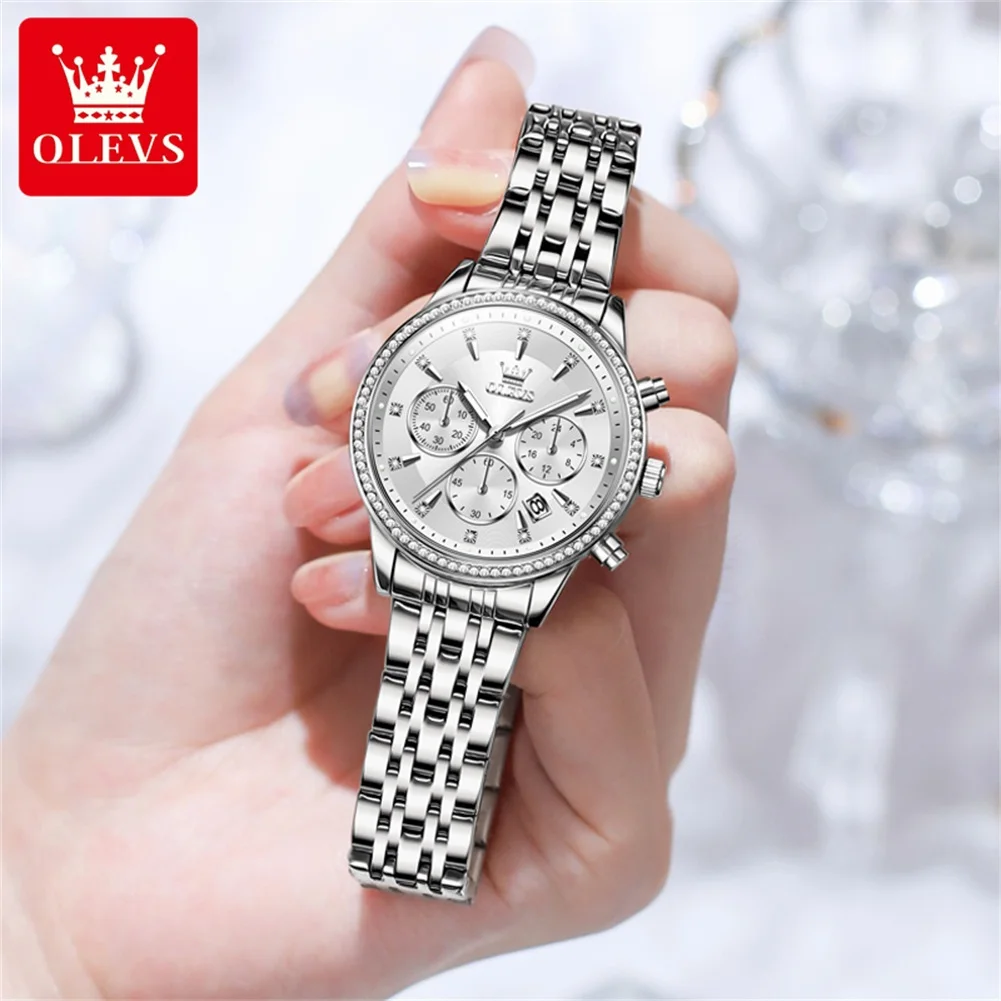 OLEVS 5582 Stainless Steel Diamond Bezel Women\'s Watches Waterproof Luminous Auto Date Chronograph Luxury Quartz Wristwatch Lady