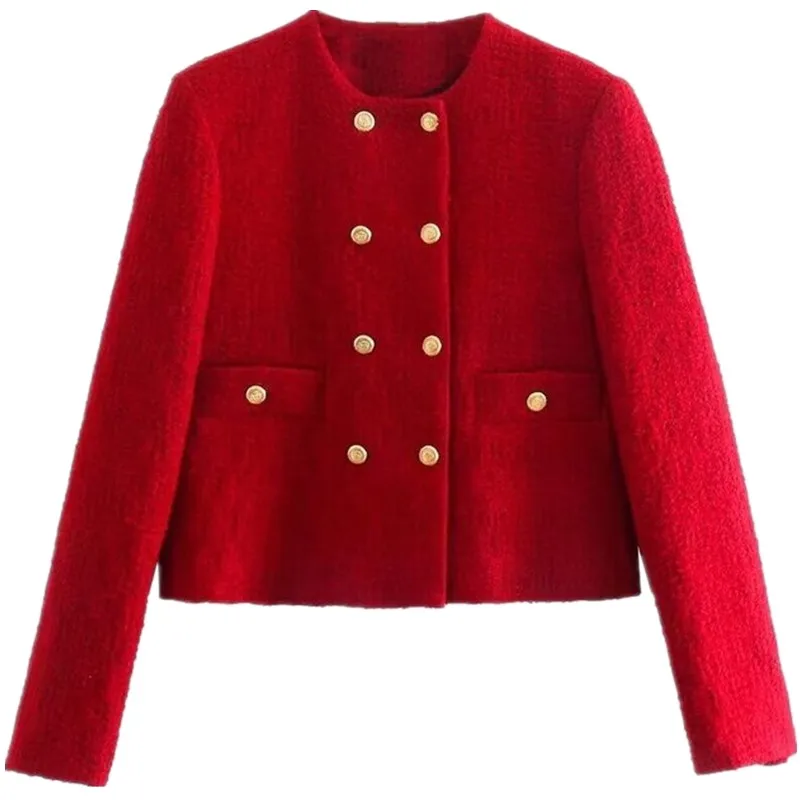 

Autumn Winter Long Sve Texture Double Buttoned Versatile Outerwear Women's Faion Design Straight Cut Regular Length