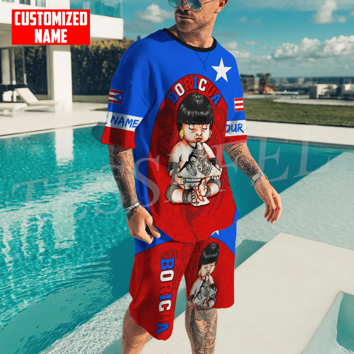 Custom Name Puerto Rico Boricua Taino Country Tattoo 3DPrint Casual Shirts Pants Combo Suits Summer Short Sleeves Streetwear X1