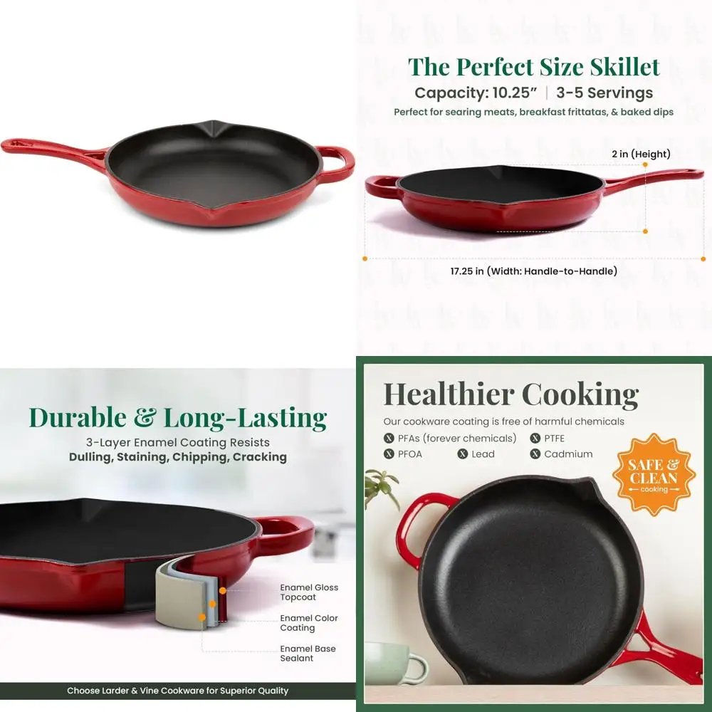 

Enameled Cast Iron Skillet 10.25 Inch - Sauté Pan with Pour Spouts, Compatible, Enamel Coated Cast Iron Cooking Pan