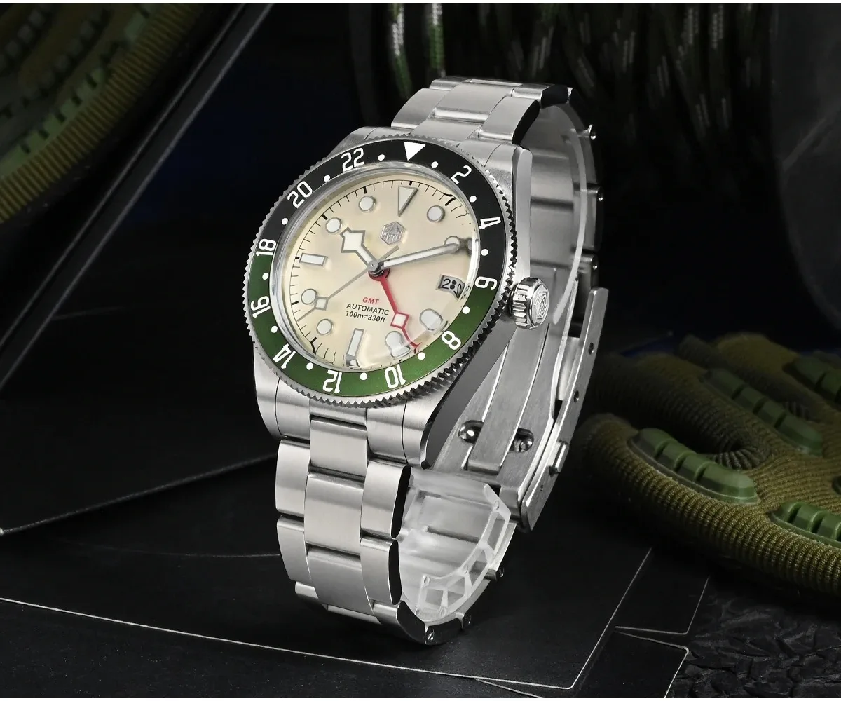 San Martin Men GMT Watch 39mm Automatic Mechanical Wristwatch Diver 10Bar Luminous Sapphire Bidirectional Aluminum Bezel