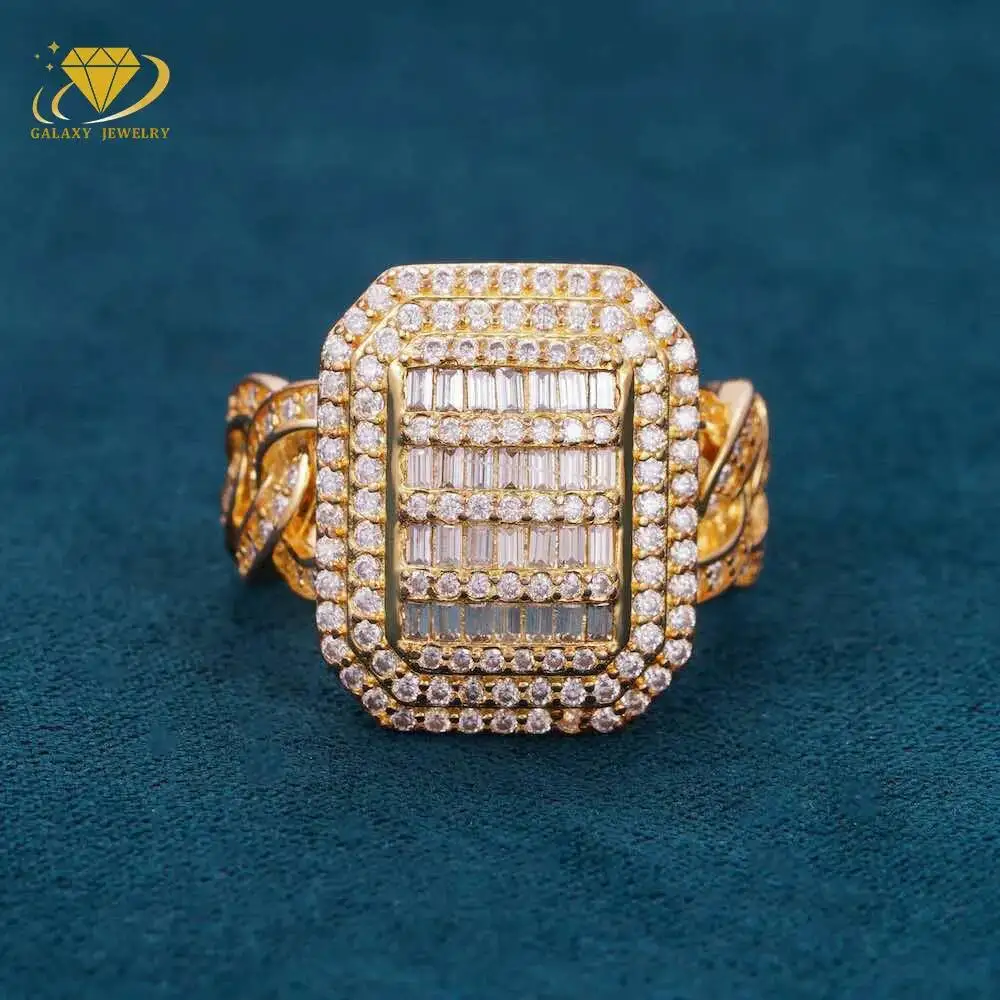

Fine Jewelry Iced Out Hip Hop Miami Cuban Link Ring Gold Plated Silver 925 Vvs Moissanite Diamond Finger Band Ring for Men