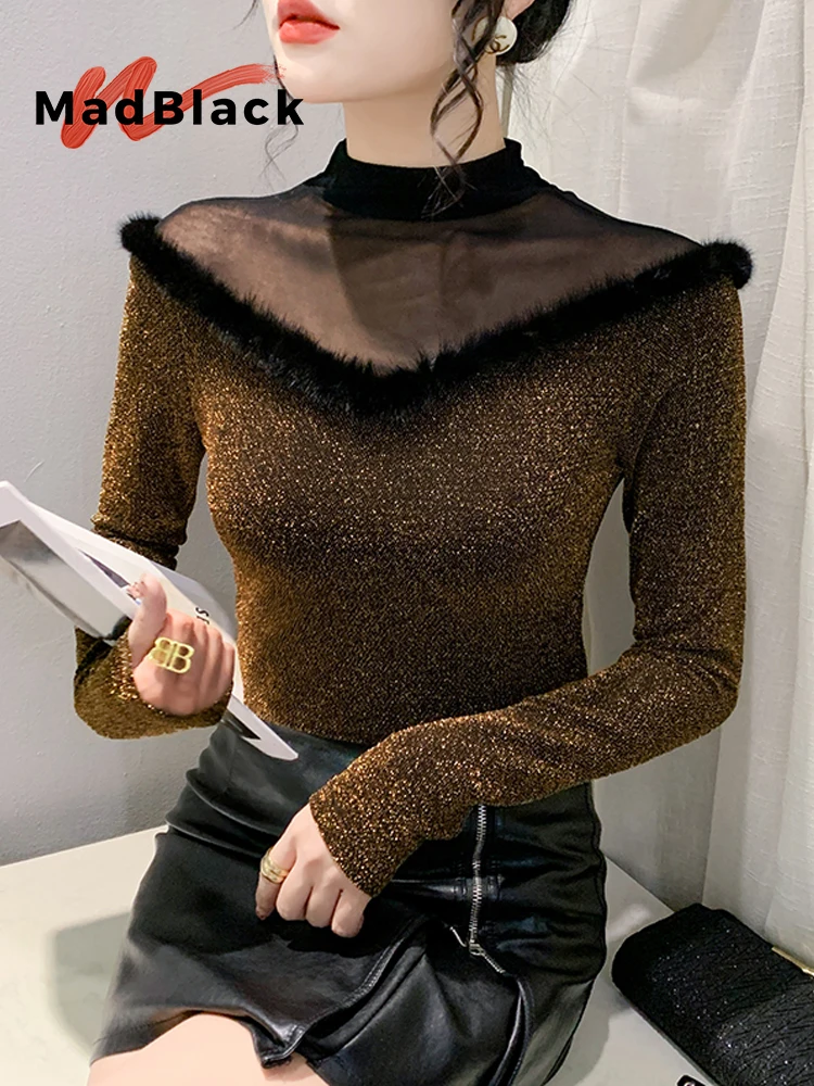 

MadBlack-Женская европейская футболка, сексуальный яркий шелк с воротником-стойкой, модная прозрачная футболка с длинными рукавами из тонкой сетки M-3XL, зима 2025 T5N550CC