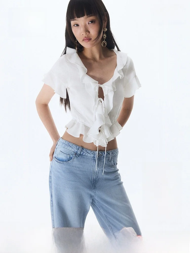 

H&M Women's irt Spring New Loose Feel Linen Blend Bow Tie ort Sve Pleated Pure Color ort Length round Ne