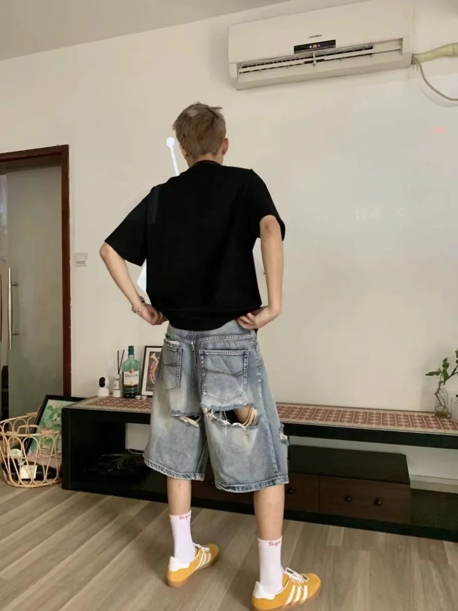 

Retro American Hole Denim orts Men Summer Japanese Trendy Loose Straight Leg Wide Leg Five orts Casual Cool