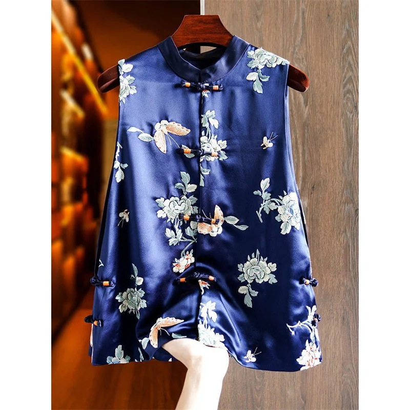 Champagne Color High-end Chinese Vest Women 2022 Summer New Middle-Aged Elderly Printing Retro Country Trendy Button Top Female