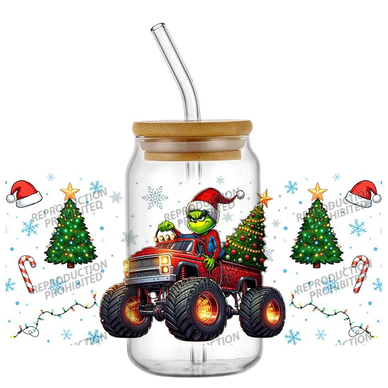 Funny Christmas Monster UV DTF cup Wraps Transfer sticker Waterproof Cold Peel Stickers for 16oz Libbey Cup DIY Decor