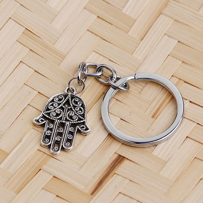 Fashion Hamsa Palm Fatima Hand 28x19mm Pendant 30mm Key Ring Chain Silver Color Men Car Gift Souvenirs Keychain Dropshipping