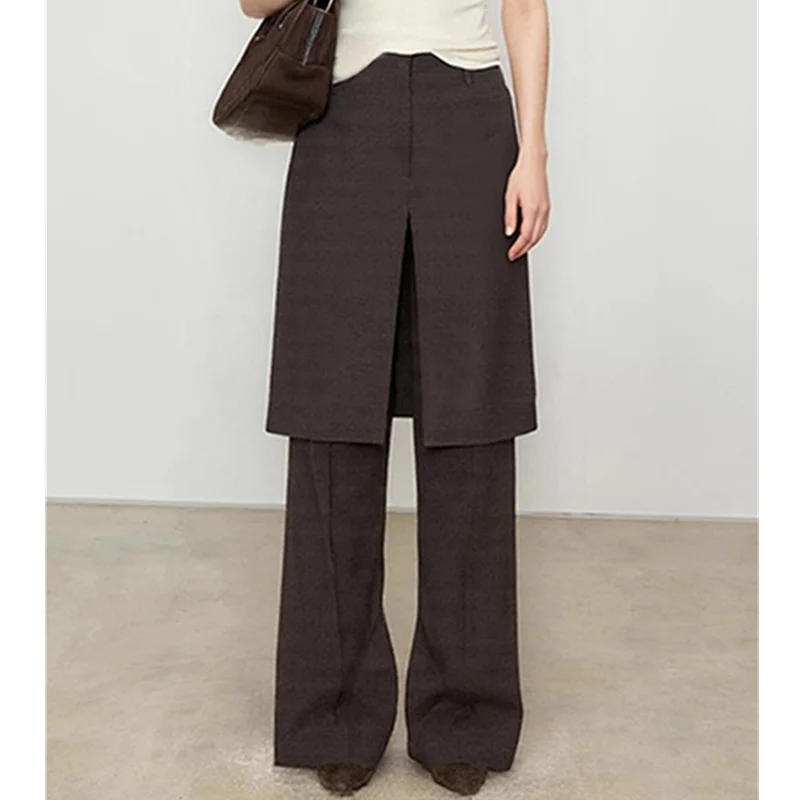 Jenny&dave2026 Franse vintage wol modieuze blogger gelaagde nep tweedelige split uitlopende broek minimalistische dames Cuteore broek