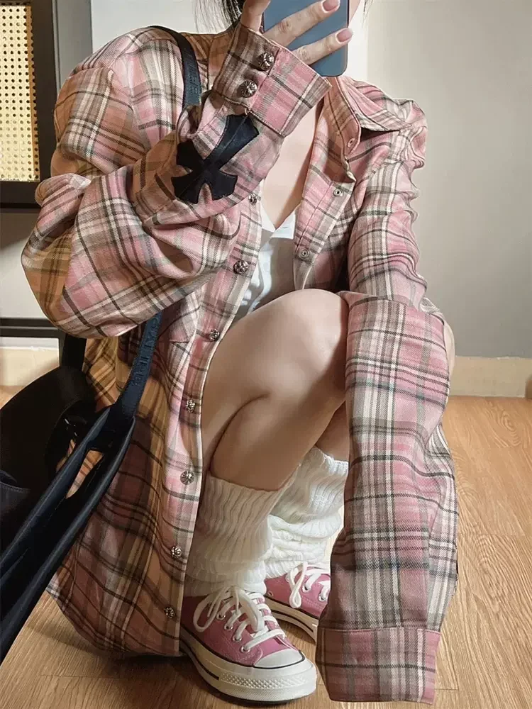 ADAgirl Pink Plaid Shirt Women Cross Button Up Blouses Female High Street Long Sleeve Tops Hippie Autumn Oversize Streetwear Ins