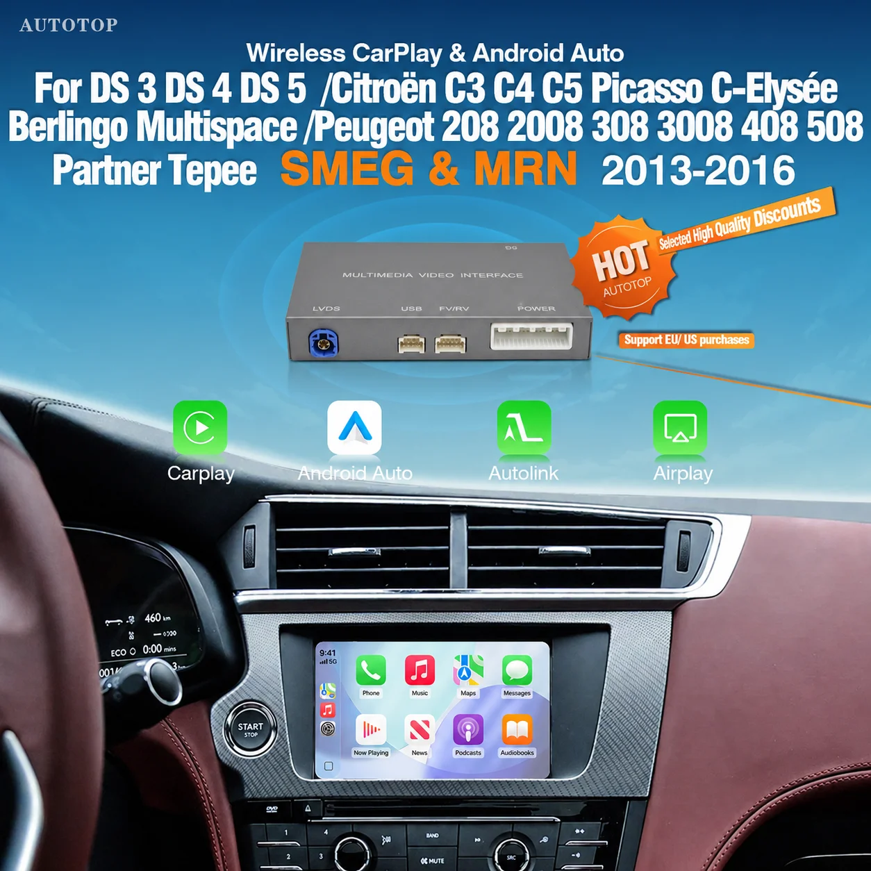 AUTOTOP CarPlay sans fil Android Auto pour DS3 DS4 DS5 Peugeot Citroën SMEG C3 C4 C5 Picasso C-Elysee 208 308 508 208 3008 5008