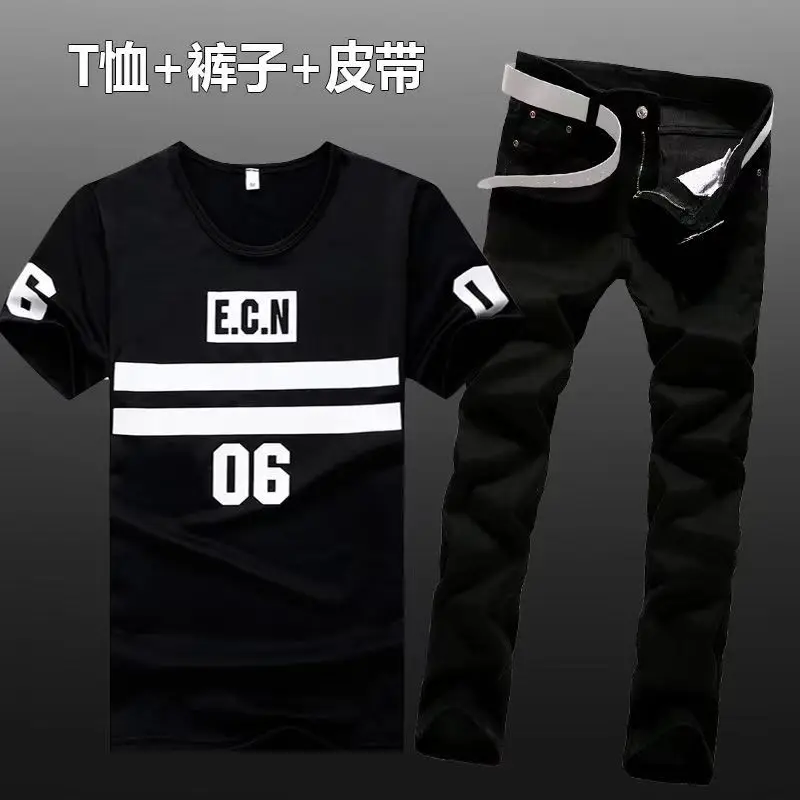 Summer Men Set Cotton T-Shirts Jeans Two Piece Suit Simple Casual T-shirt Denim Pants Sets