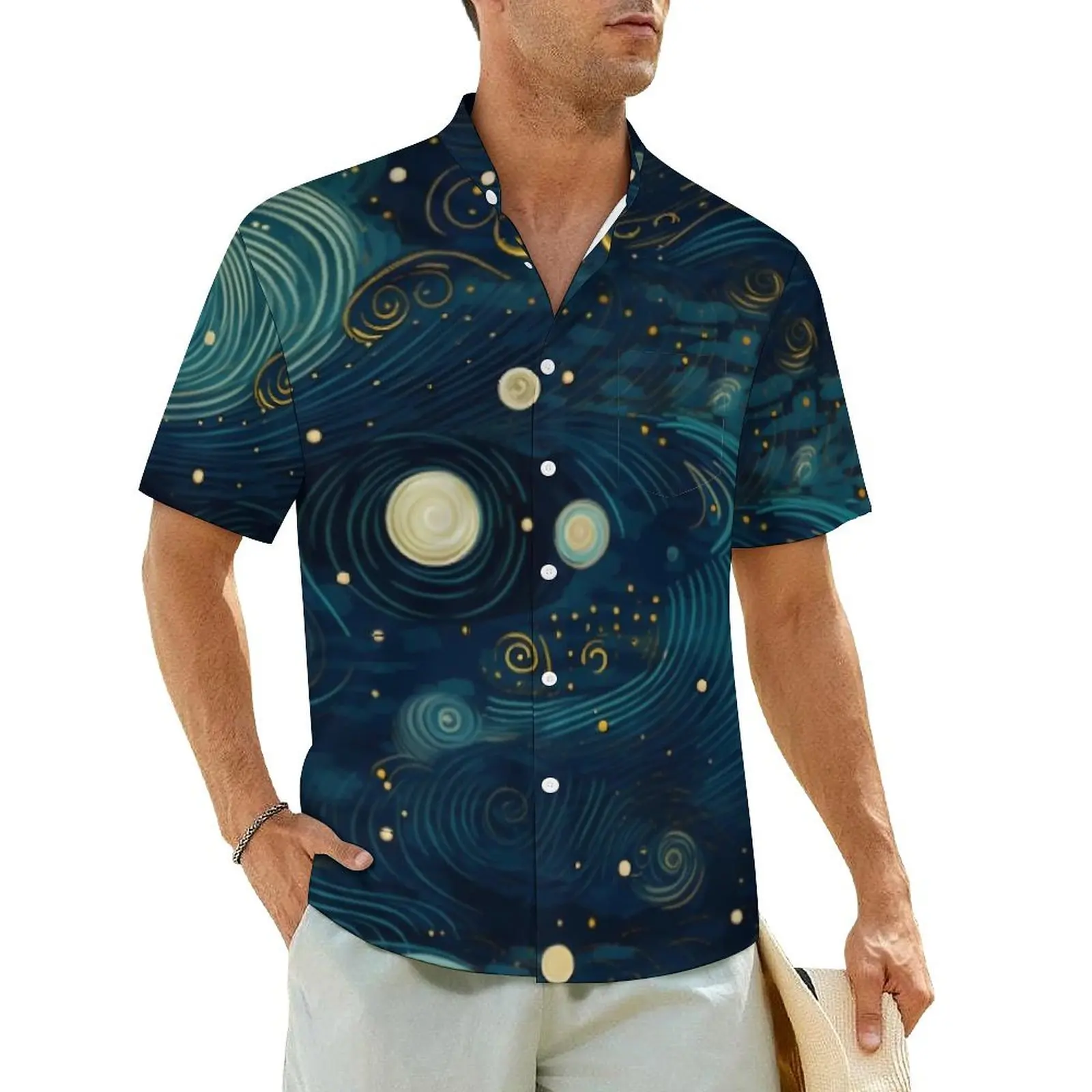 Starry Night Sky Vacation Shirt Man Van Gogh Famous Painting Elegant Casual Shirts Hawaii Short Sleeve Design Oversized Blouses