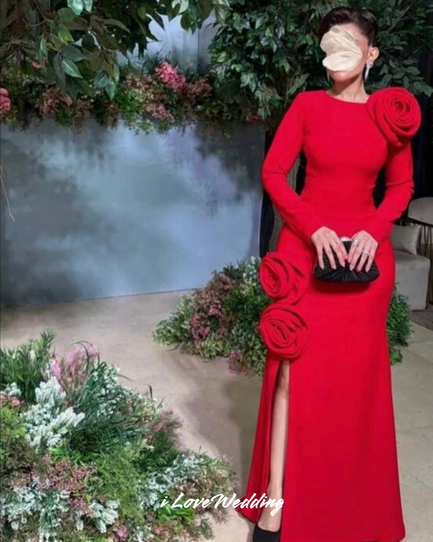 

Red O-Neck Evening Dress 2025 Satin Long Sleeve Flower Mermaid Side Split Pleated Floor-Length Wedding Party Dresses Customized