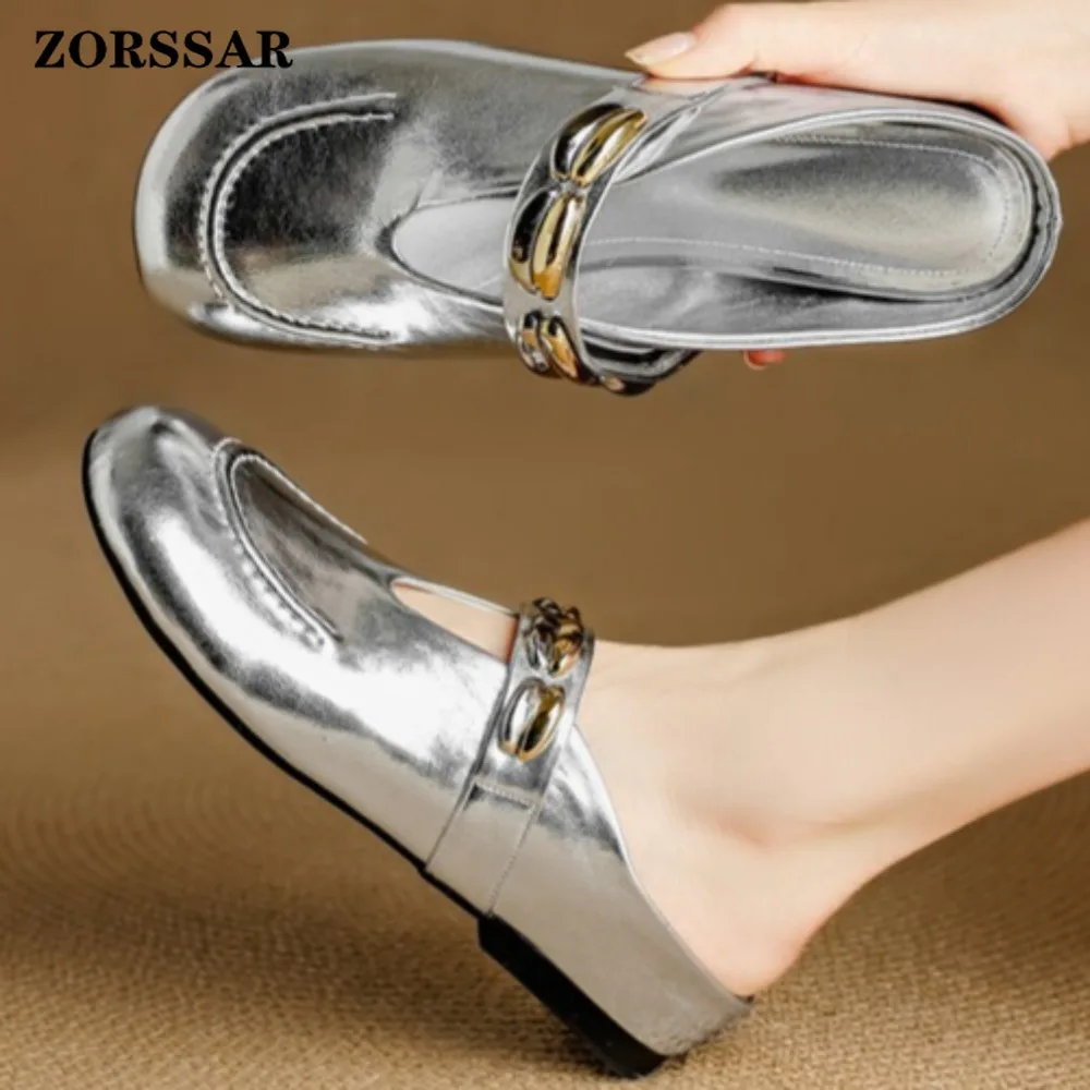 Womens Leather Flat Mules Backless Loafers with Metal Buckle Comfortable Slip on Shoes for Ladies Fashion Daily Office Sandals