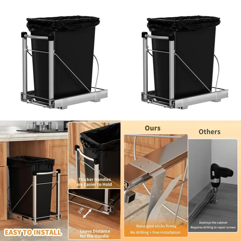 

Heavy-Duty Silver Steel Pull-Out Trash Organizer, Adjustable, Fits 7-13 Gallon, 125 lbs Capacity, Soft Close