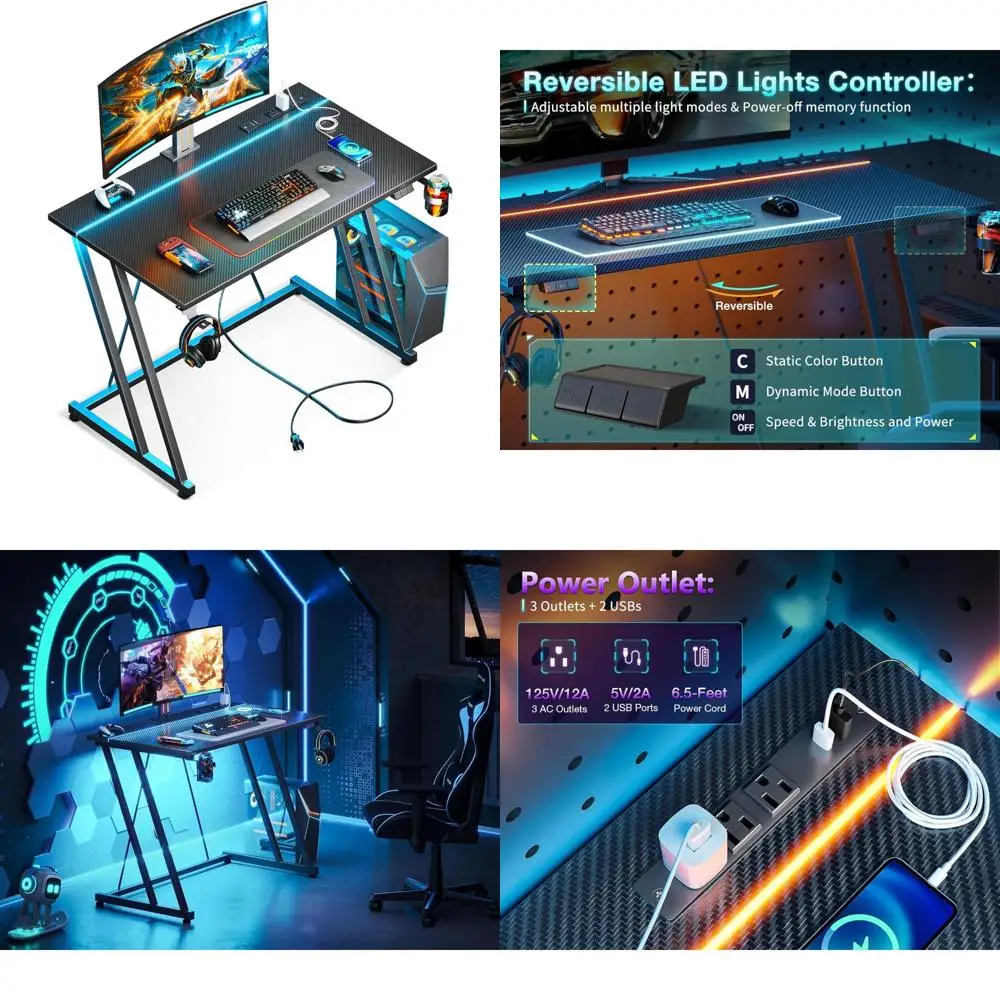

32 Inch Compact Gaming Desk with LED Lighting and Power Outlet, Carbon Fiber Style Desk for Small Spaces