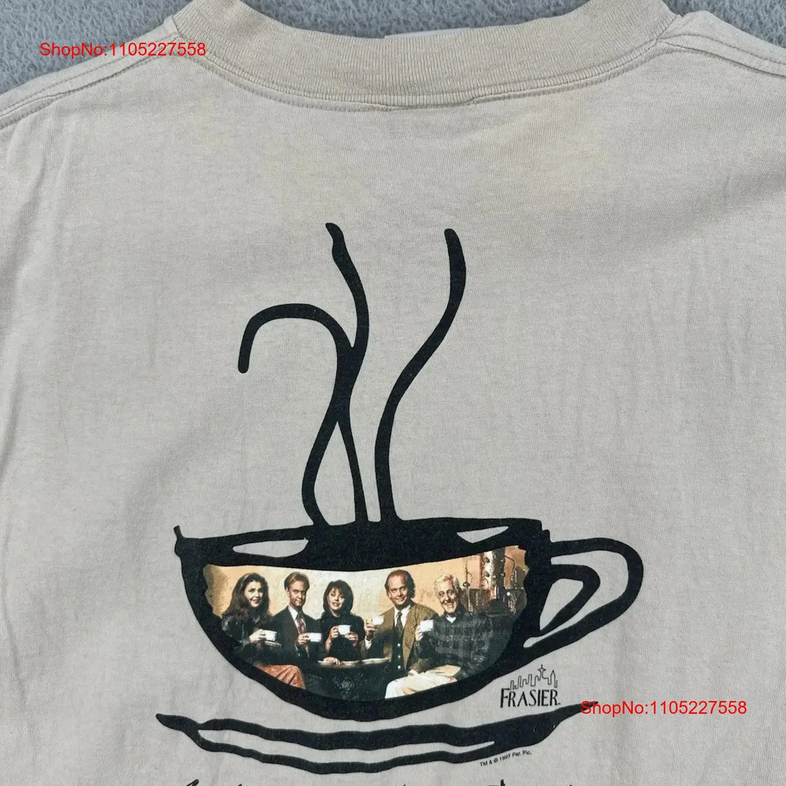 تي شيرت Vtg Tultex XL بني 1997 Frasier TV Show Cafe Nervosa Let The Lattes Flow عتيق مغسول أوم رسم مريح