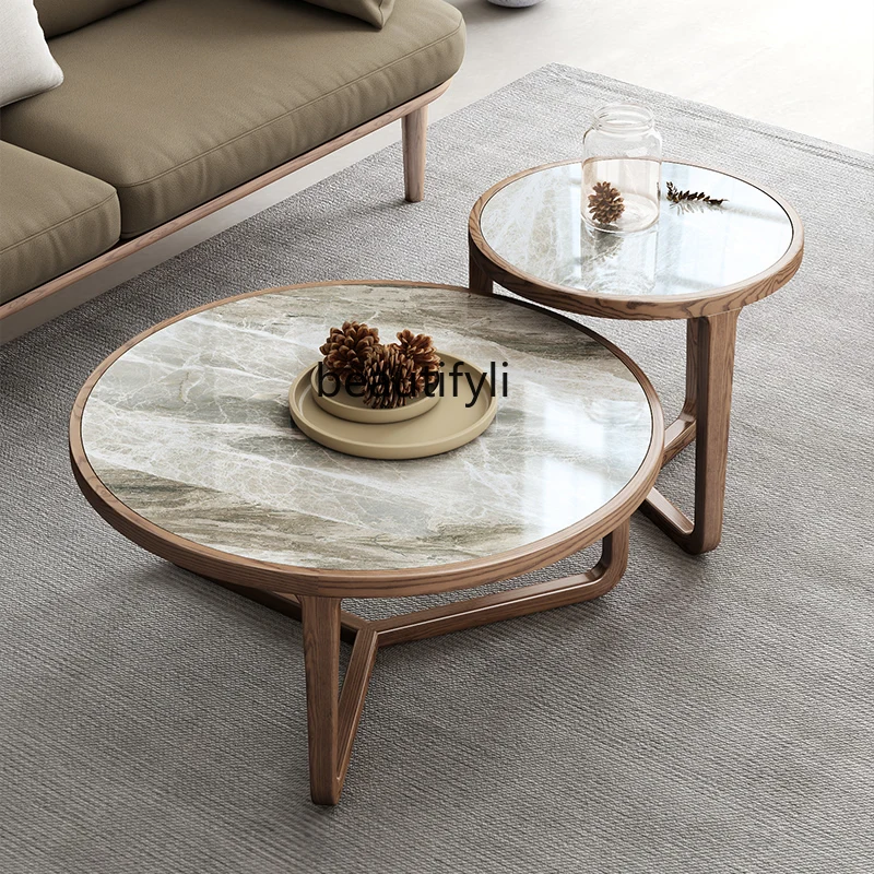 Bright Stone Plate Coffee Table Nordic Solid Wood round Combination Living Room Side Table Balcony Flower