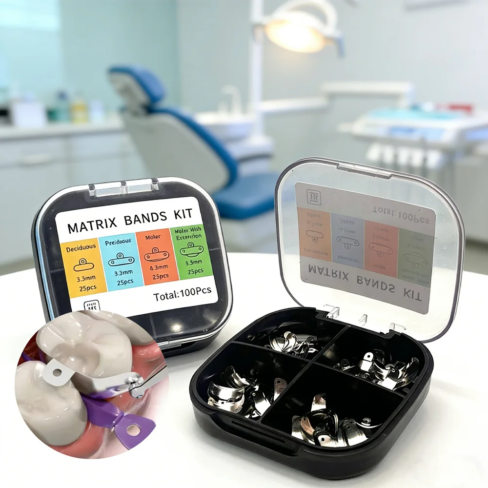 

Bulk Pack 100 Count Contoured Dental Matrix Bands with Holes Professional Grade Metal Matrices for Restorative Dentistry