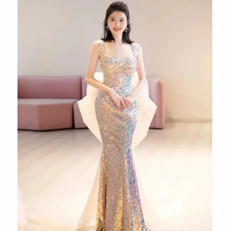 Shiny Sequins Mermaid Evening Dress With Detachable Train Sparkling Sleeveless Party Prom Gown Red Carpet Robe De Mariée