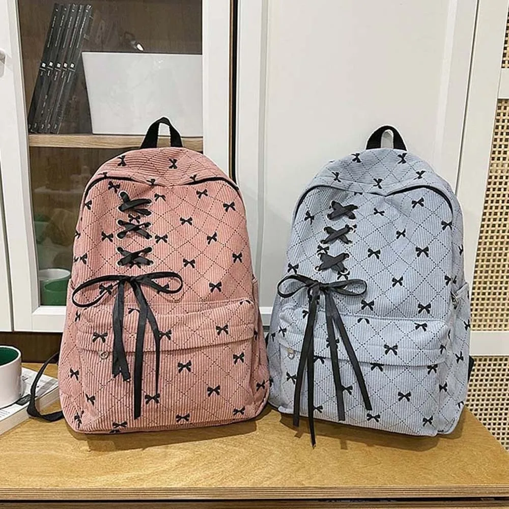 

Daypack Corduroy Bow Backpack Silk Design Contrast Color Students School Bag Polyester Durable Large Capacity Backpack School
