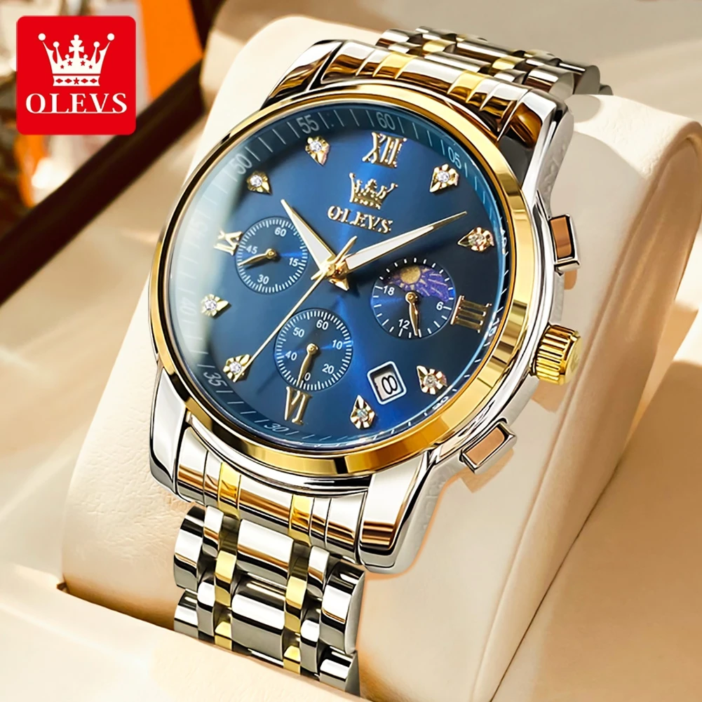 OLEVS 2858 Moon Phase Men's Watches Luxury Top Original Quartz Wrist Clock Waterproof Chronograph Stainless Steel Watch for Men