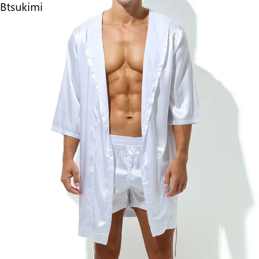 Men\'s Silk Satin Hooded Robes Half Sleeve Slip Causal Long Bathrobe Tracksuit Loungewear Sleepwear Bathrobe Night Gown for Men