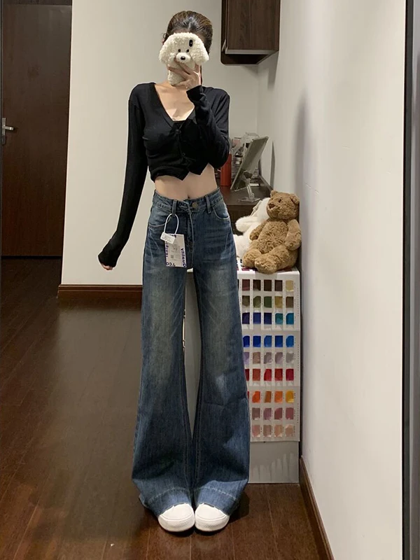 High Waist Straight Leg Bell Bot Jeans Women's Autumn New Sle American Retro Tapered Cuff Floor Length PmOrh Brand